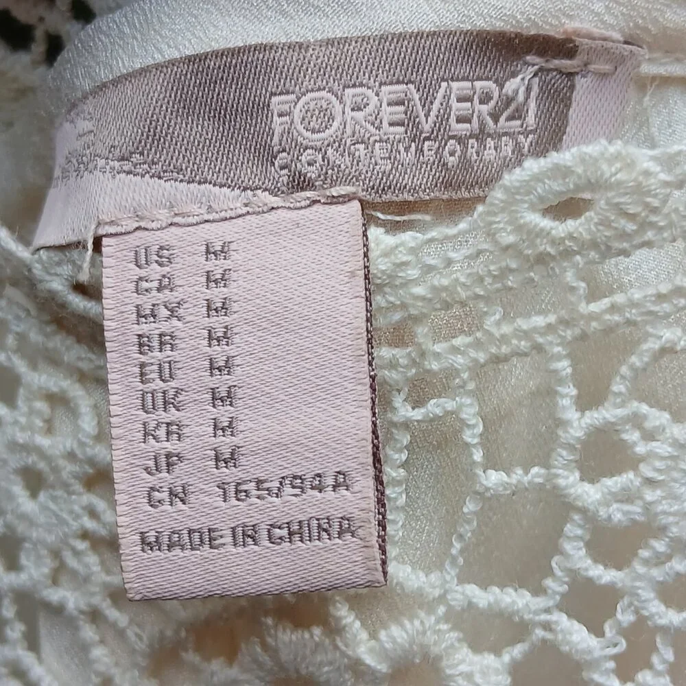 Forever 21 Cream Long Sleeve Flowy Poly/Chiffon Crochet Top Tunic Dress Sz L